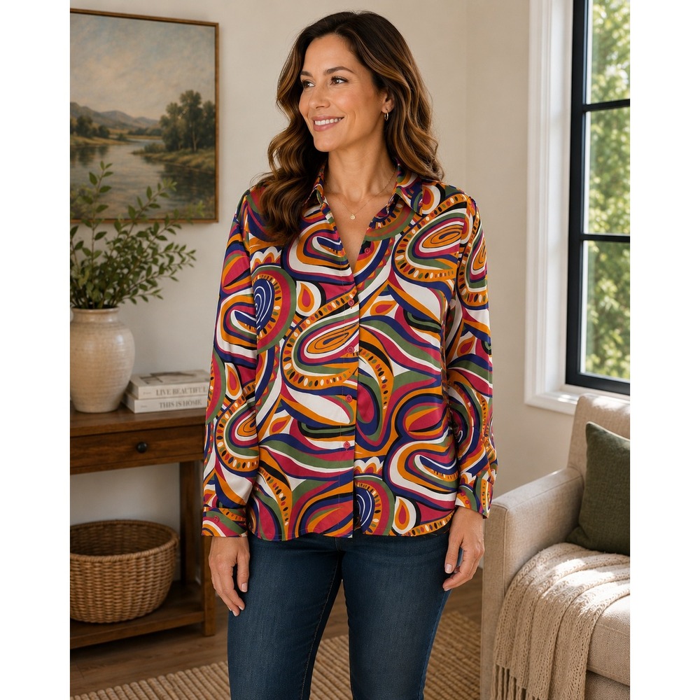 C.L.O.T.H.E.S. Silk Button‎ Down Shirt Womens Medium Abstract Retro Psychedelic
